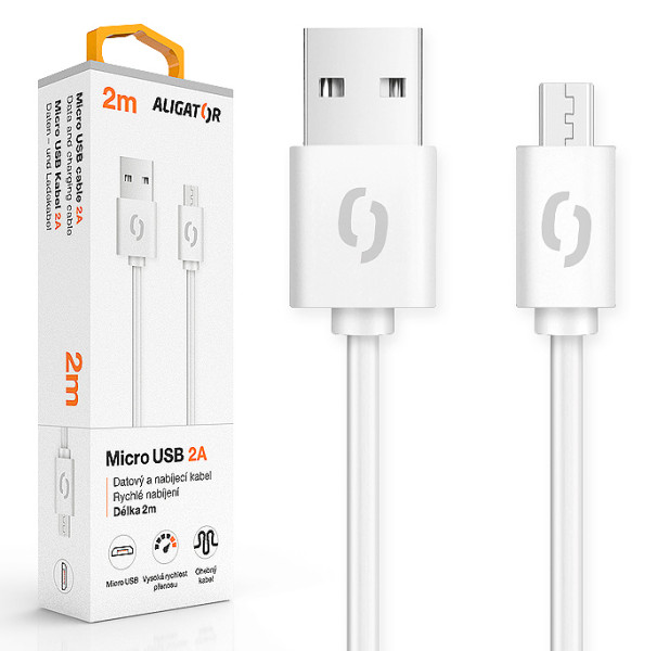 Datový kabel Aligator 2A micro USB 2m, bílý