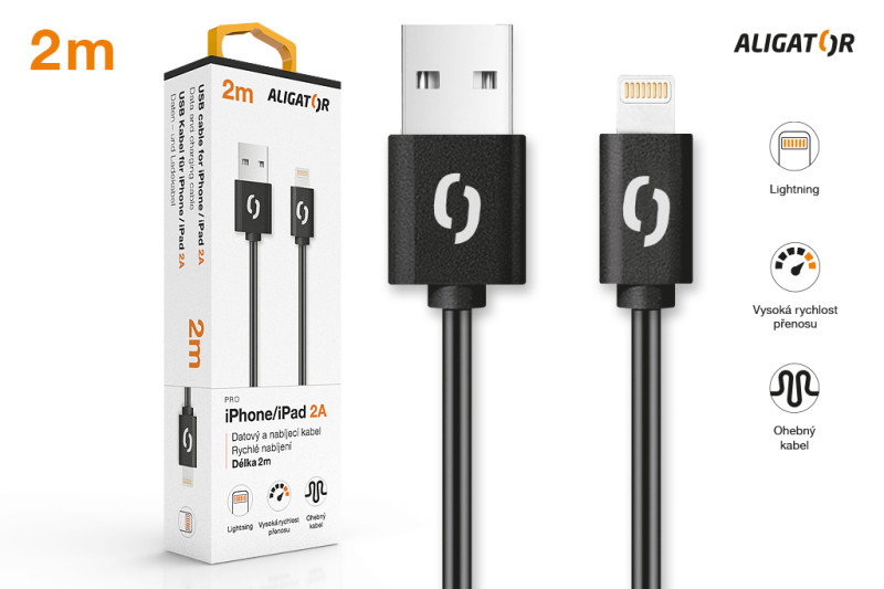 Datový kabel Aligator 2A iPhone lightning 2m, černý