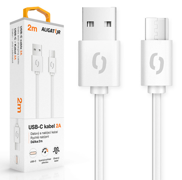 Datový kabel ALIGATOR 2A USB-C 2m, bílý