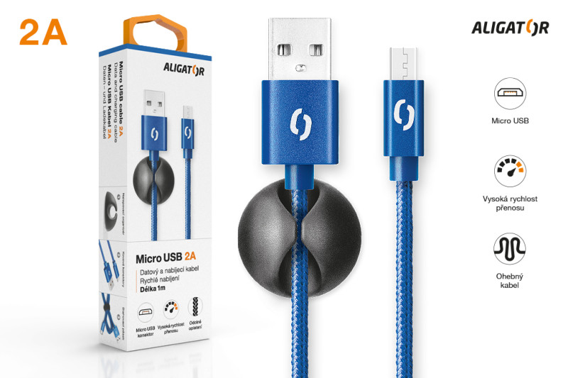 Datový kabel Aligator Premium 2A, micro USB modrý