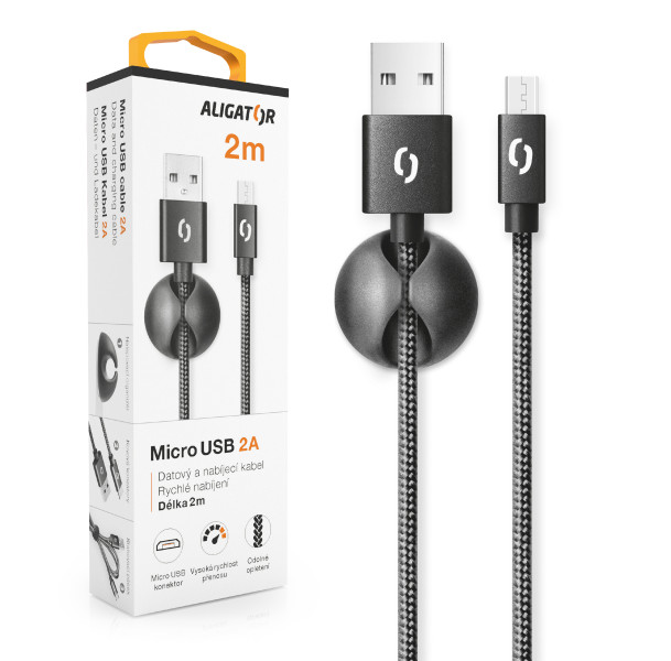 Datový kabel Aligator Premium 2A, micro USB 2m černý