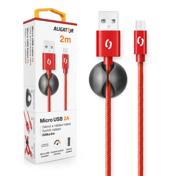 Datový kabel Aligator Premium 2A, micro USB 2m červený
