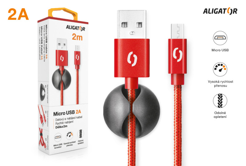 Datový kabel Aligator Premium 2A, micro USB 2m červený