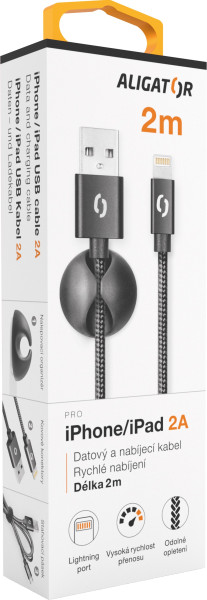 Kabel dat. kab. Aligator Premium 2A, lightning 2m černý