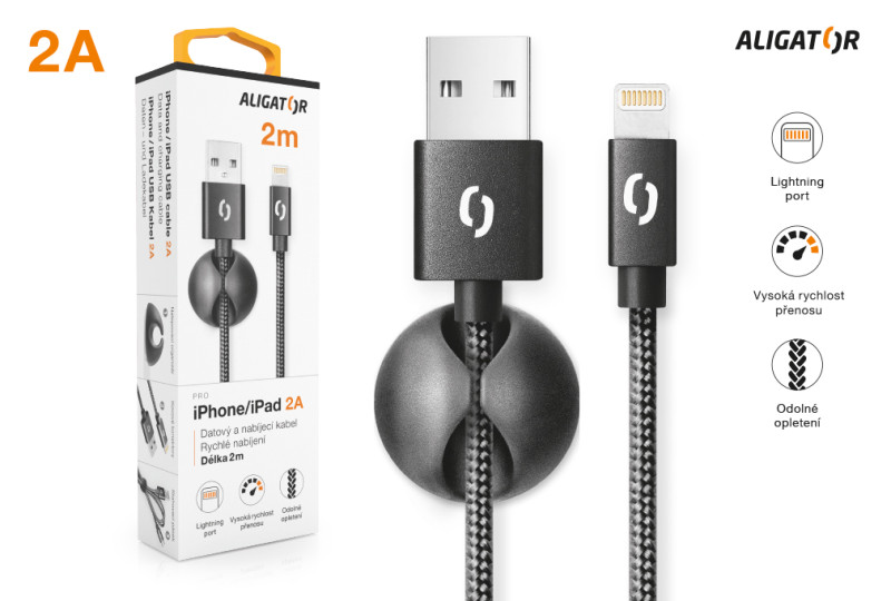 Kabel dat. kab. Aligator Premium 2A, lightning 2m černý