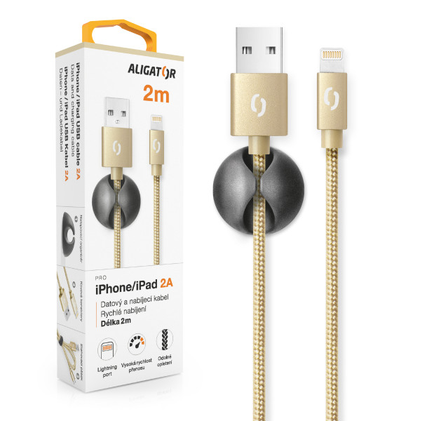 Datový kabel Aligator Premium 2A, lightning 2m zlatý