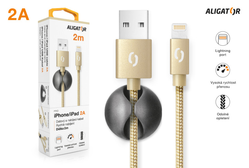 Datový kabel Aligator Premium 2A, lightning 2m zlatý