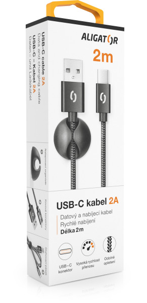 Kabel dat. kab. Aligator Premium 2A, USB-C 2m černý