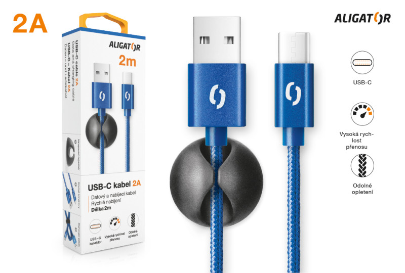 Datový kabel ALIGATOR PREMIUM 2A, USB-C 2m modrý