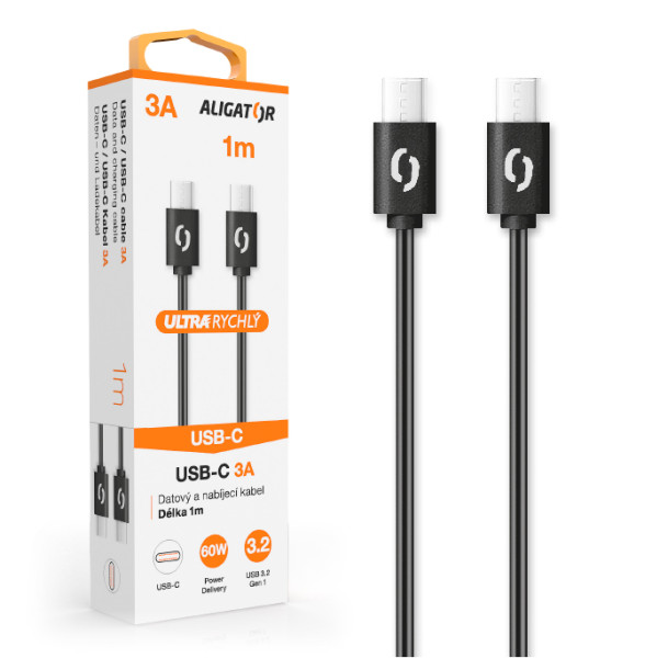 Datový kabel ALIGATOR 60W, USB-C/USB-C 3A,  USB 3.2 Gen 1, rychlá data, 1m černý