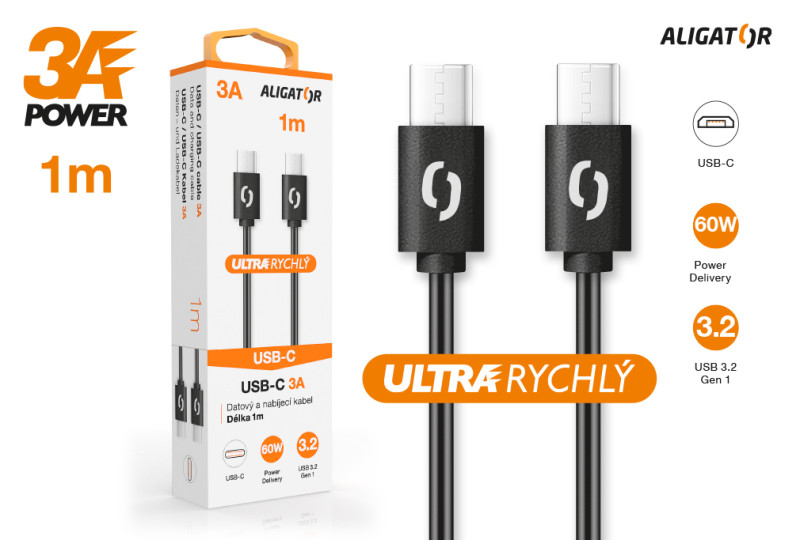 Datový kabel ALIGATOR 60W, USB-C/USB-C 3A,  USB 3.2 Gen 1, rychlá data, 1m černý