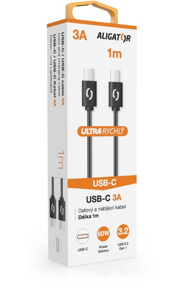 Datový kabel ALIGATOR 60W, USB-C/USB-C 3A,  USB 3.2 Gen 1, rychlá data, 1m černý