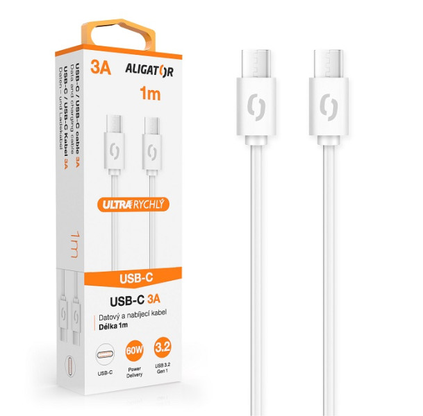 Datový kabel ALIGATOR 60W, USB-C/USB-C 3A,  USB 3.2 Gen 1, rychlá data, 1m bílý