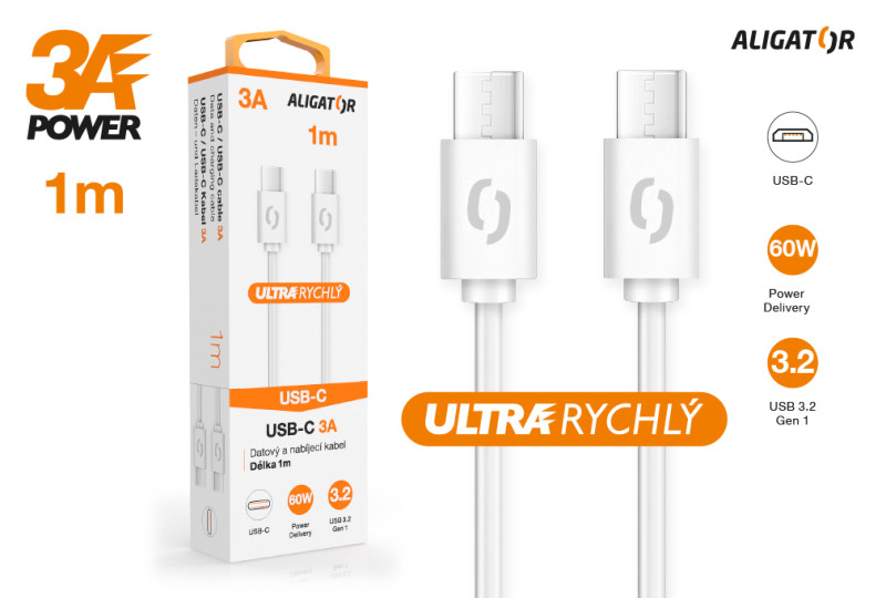 Datový kabel ALIGATOR 60W, USB-C/USB-C 3A,  USB 3.2 Gen 1, rychlá data, 1m bílý