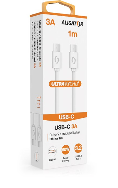 Datový kabel ALIGATOR 60W, USB-C/USB-C 3A,  USB 3.2 Gen 1, rychlá data, 1m bílý