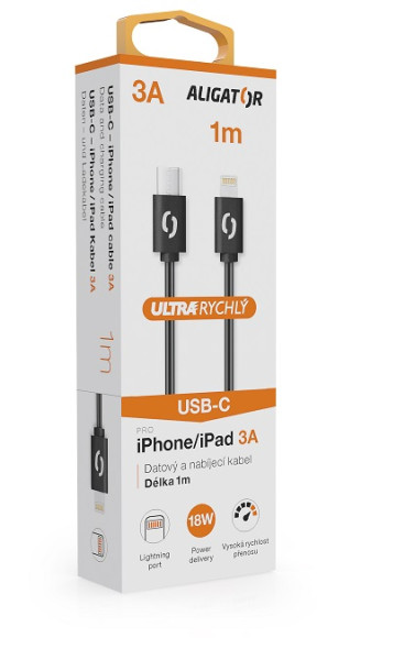 Datový kabel ALIGATOR POWER 3A, USB-C/Lightning, 1m černý