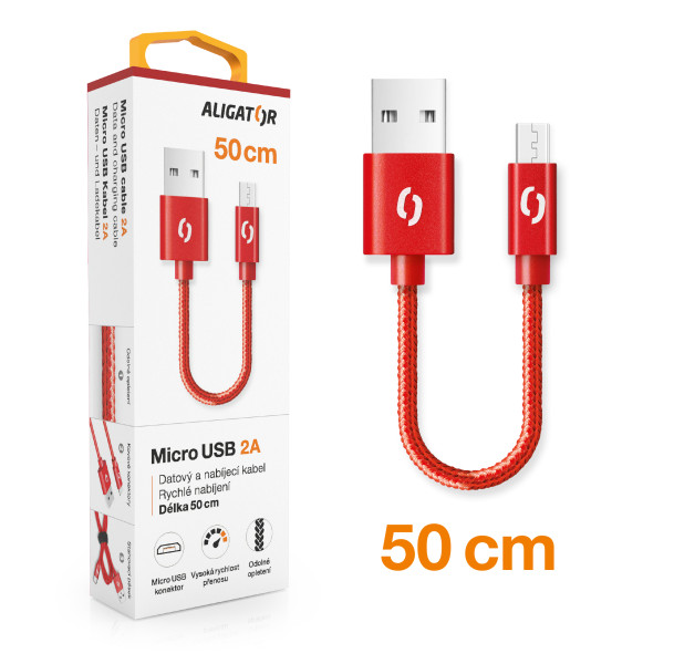 Datový kabel Aligator Premium 2A, micro USB 50cm červený