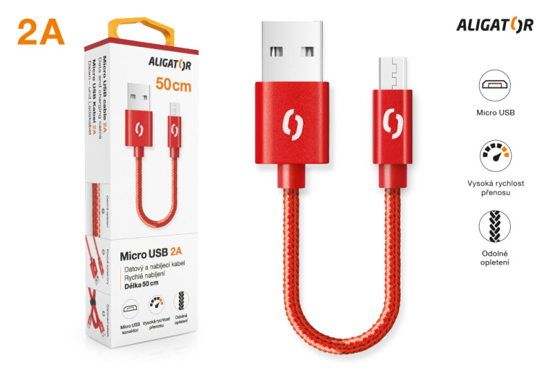 Datový kabel Aligator Premium 2A, micro USB 50cm červený