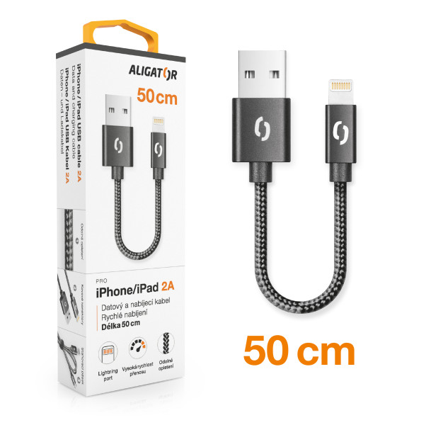 Datový kabel Aligator Premium 2A, lightning 50cm černý