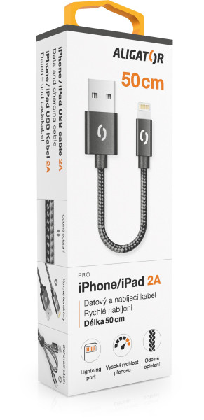 Datový kabel Aligator Premium 2A, lightning 50cm černý
