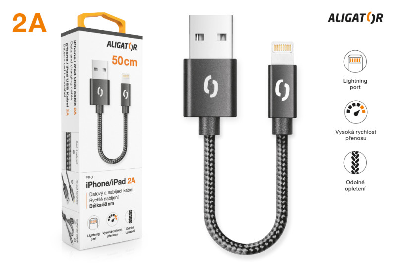 Datový kabel Aligator Premium 2A, lightning 50cm černý