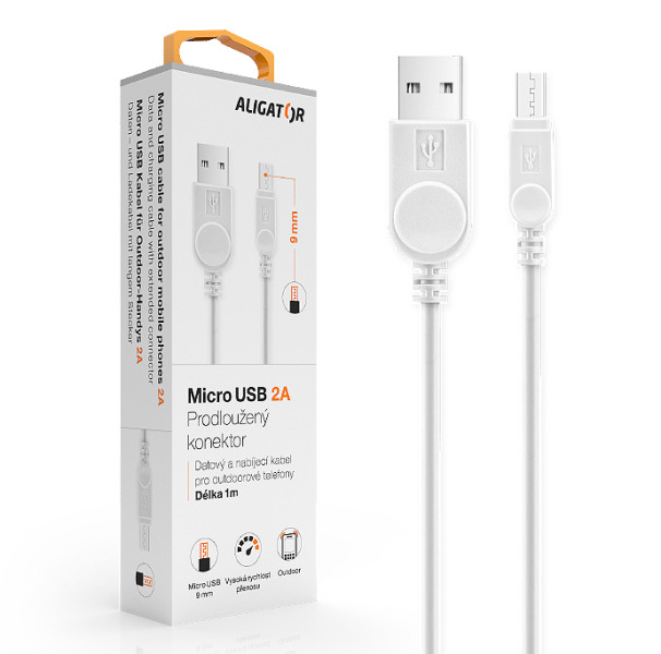 Datový kabel Aligator pro outdoorové telefony, microUSB 2A, bílý, krabička