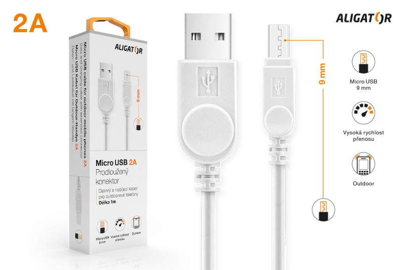 Datový kabel Aligator pro outdoorové telefony, microUSB 2A, bílý, krabička