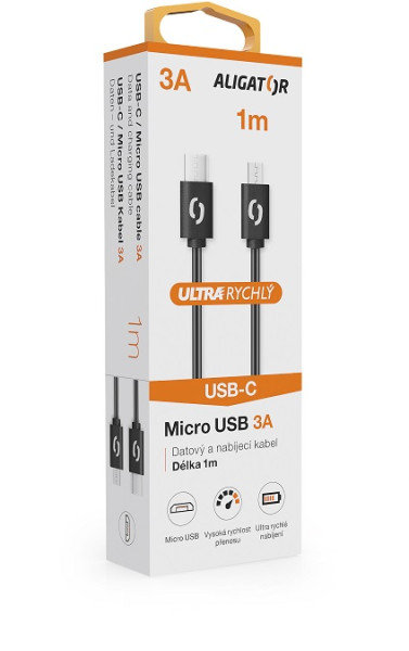 Datový kabel ALIGATOR POWER 3A, USB-C/micro USB 1m černý