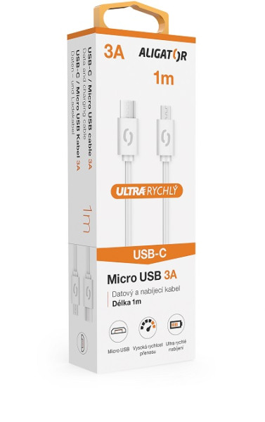 Datový kabel ALIGATOR POWER 3A, USB-C/micro USB 1m bílý