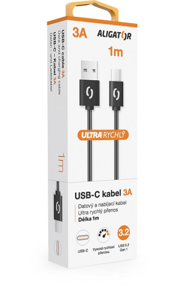 Datový kabel ALIGATOR POWER 3A, USB-C , 1m černý