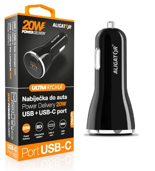 Chytrá nabíječka do auta ALIGATOR Power Delivery 20W, USB-C + USB-A, černá