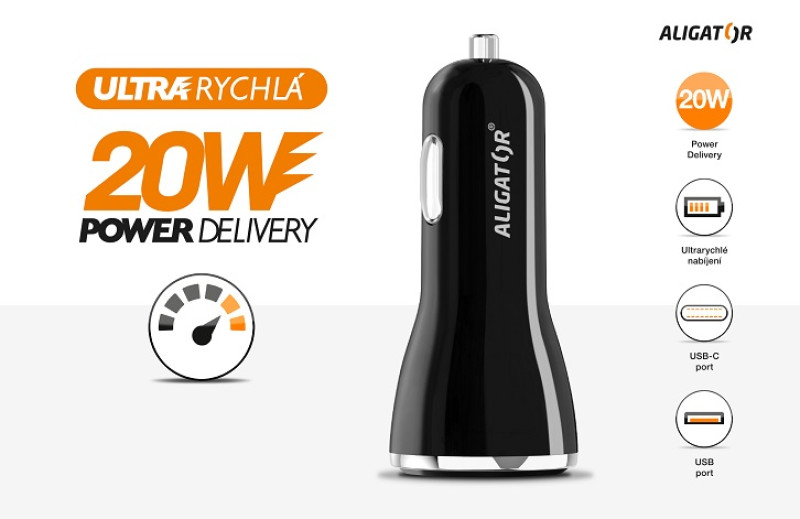 Chytrá nabíječka do auta ALIGATOR Power Delivery 20W, USB-C + USB-A, černá