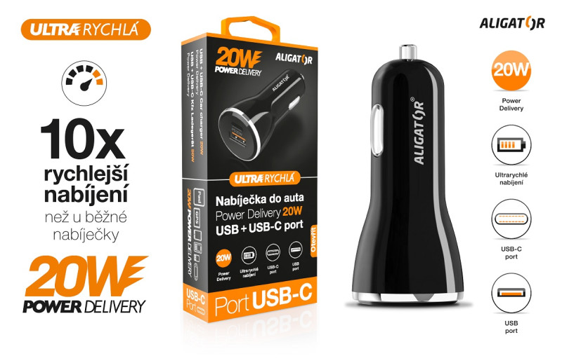 Chytrá nabíječka do auta ALIGATOR Power Delivery 20W, USB-C + USB-A, černá