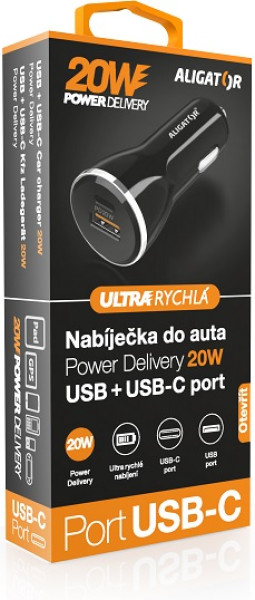 Chytrá nabíječka do auta ALIGATOR Power Delivery 20W, USB-C + USB-A, černá