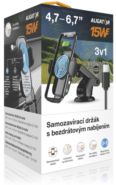 Samozavírací držák K2 s bezdrátovým nabíjením 15W, 3v1