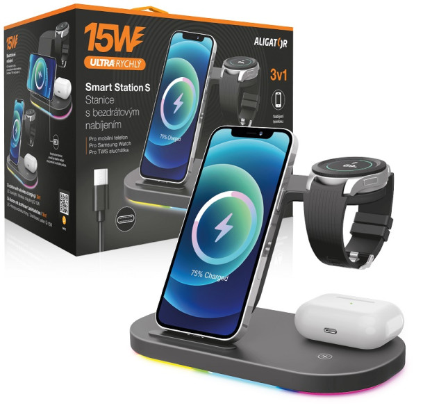 Nabíječka bezdrátová nabíjecí stanice Aligator Smart station s 3v1, nabíjení Samsung Watch 15W, černá