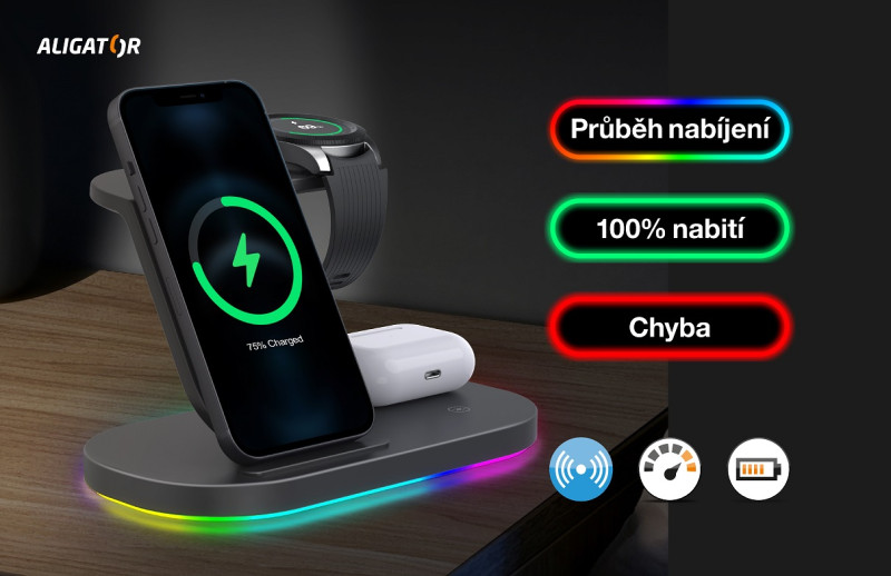Nabíječka bezdrátová nabíjecí stanice Aligator Smart station s 3v1, nabíjení Samsung Watch 15W, černá