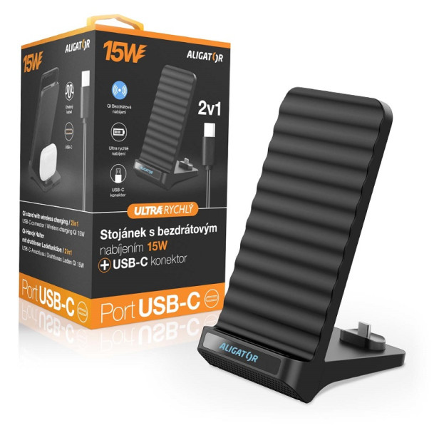 Bezdrátový QI stojánek s USB-C konektorem, 15W, černý