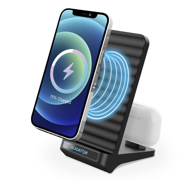 Bezdrátový QI stojánek s USB-C konektorem, 15W, černý