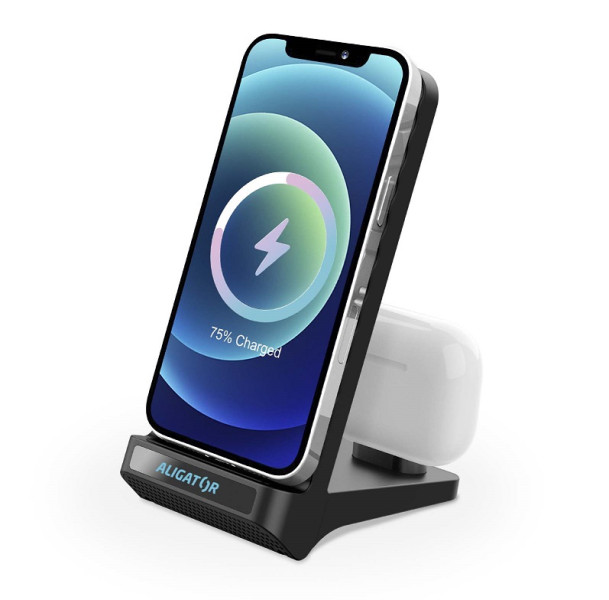 Bezdrátový QI stojánek s USB-C konektorem, 15W, černý