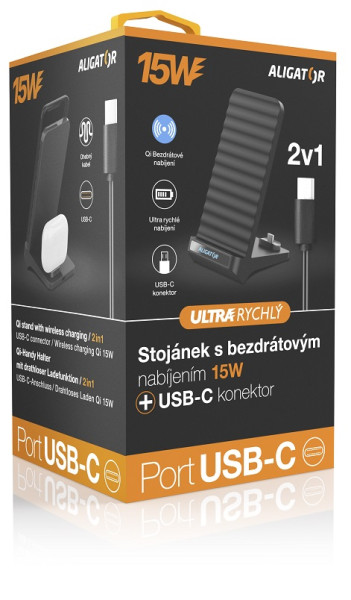 Bezdrátový QI stojánek s USB-C konektorem, 15W, černý