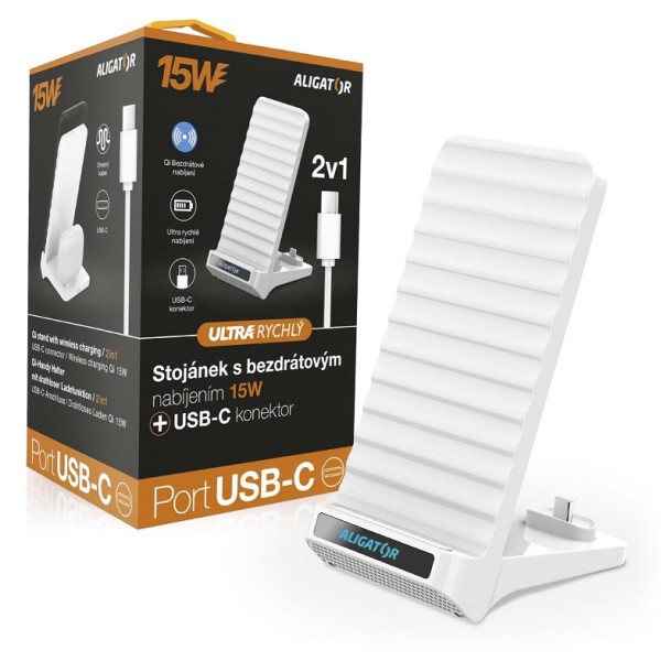 Bezdrátový QI stojánek s USB-C konektorem, 15W, bílý
