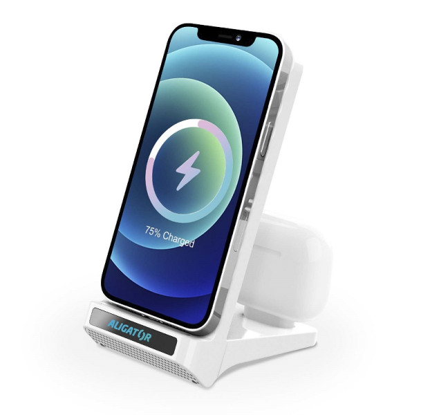 Bezdrátový QI stojánek s USB-C konektorem, 15W, bílý