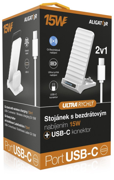 Bezdrátový QI stojánek s USB-C konektorem, 15W, bílý