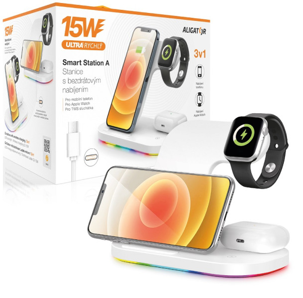 Nabíječka bezdrátová QI dok.stanice 3v1 Apple Watch,15W,bílá