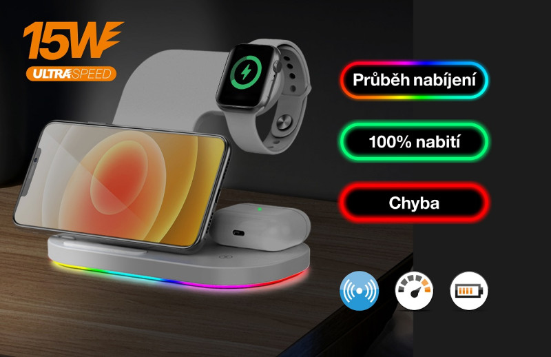 Nabíječka bezdrátová QI dok.stanice 3v1 Apple Watch,15W,bílá