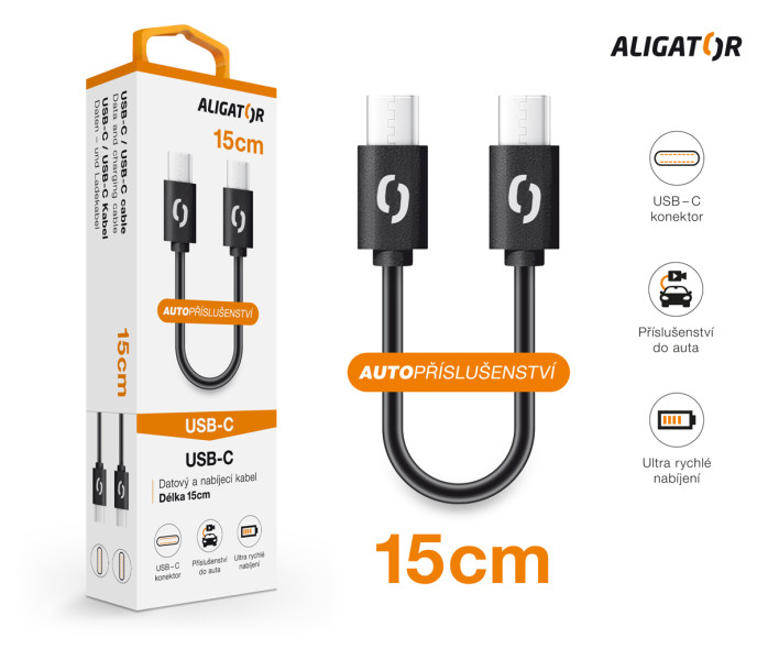 Datový kabel ALIGATOR POWER USB-C/USB-C 15cm, černý