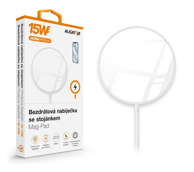 Bezdrátová nabíječka Aligator MagSafe 15W, bílá