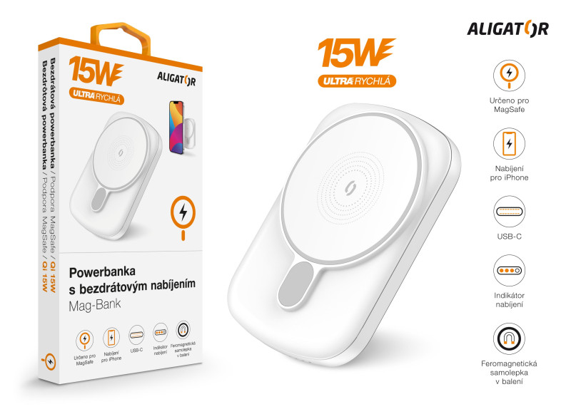 Power bank Aligator MagSafe s USB-C 5000 mAh, bílá