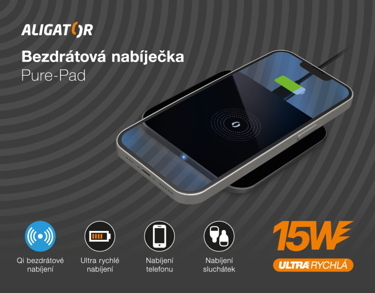 Bezdrátová nabíječka Aligator Premium 15W, černá
